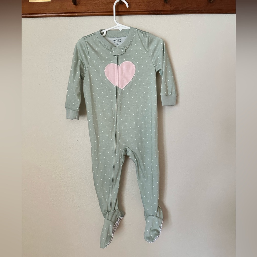 Carter's Sage Green Polka Dot Footed One-Piece with Pink Heart Applique